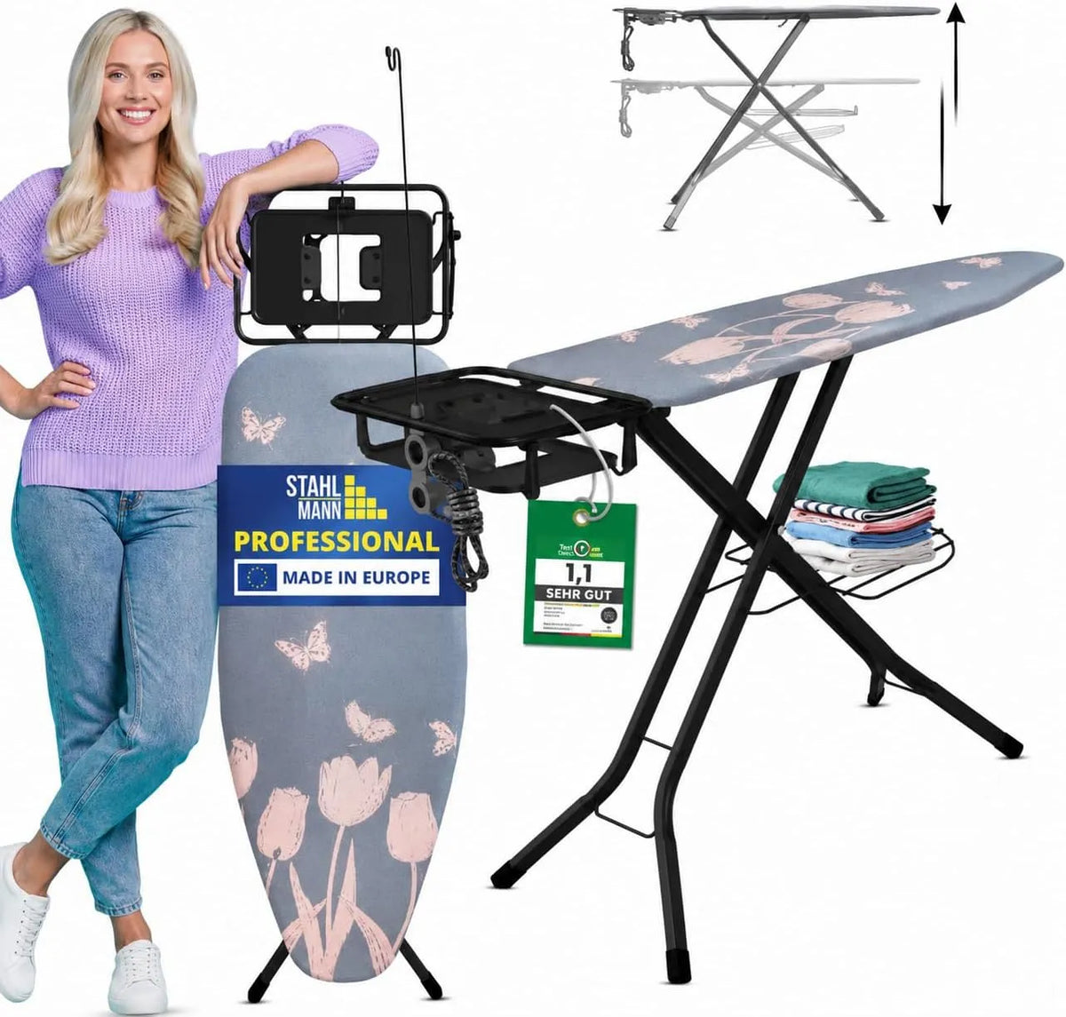 Bügelbrett, Bügeltisch, STAHLMANN, großes, ® großes Bügelbrett 130x48 Bügelfläche mit Kleidungsplatte