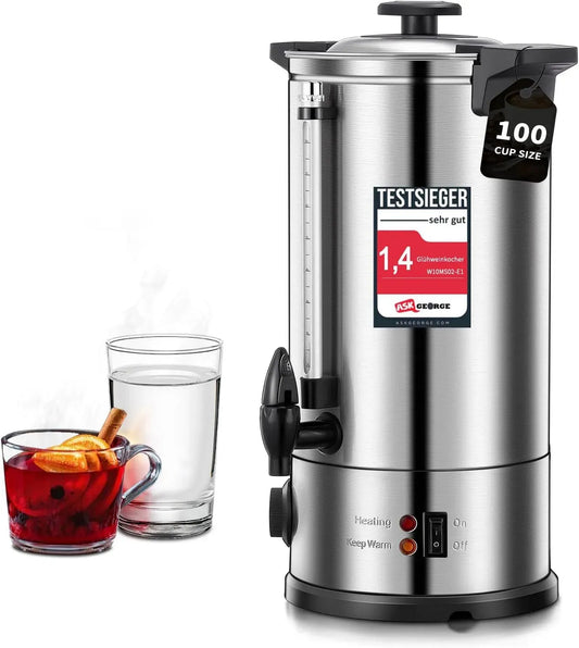 Heißgetränkespender, Heißwasserspender, Glühweintopf, Getränkedispenser, Heißwasserbereiter, 10 L, 1500 W, 100 Tassen, Thermostat, Edelstahl