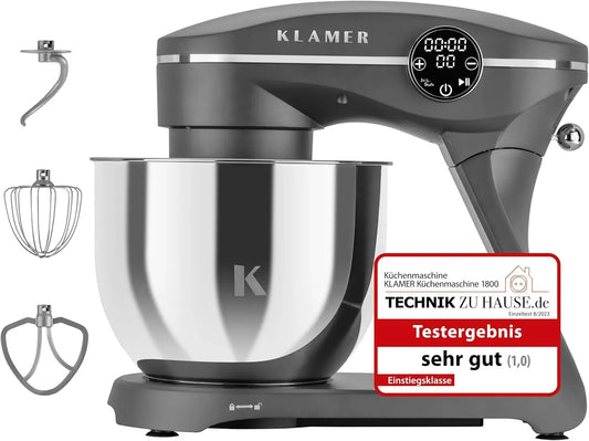 Küchenmaschine, 6 L, 1800 W, KLAMER, Edelstahl, Knetmaschine Brotteig mit 6L Edelstahlschüssel