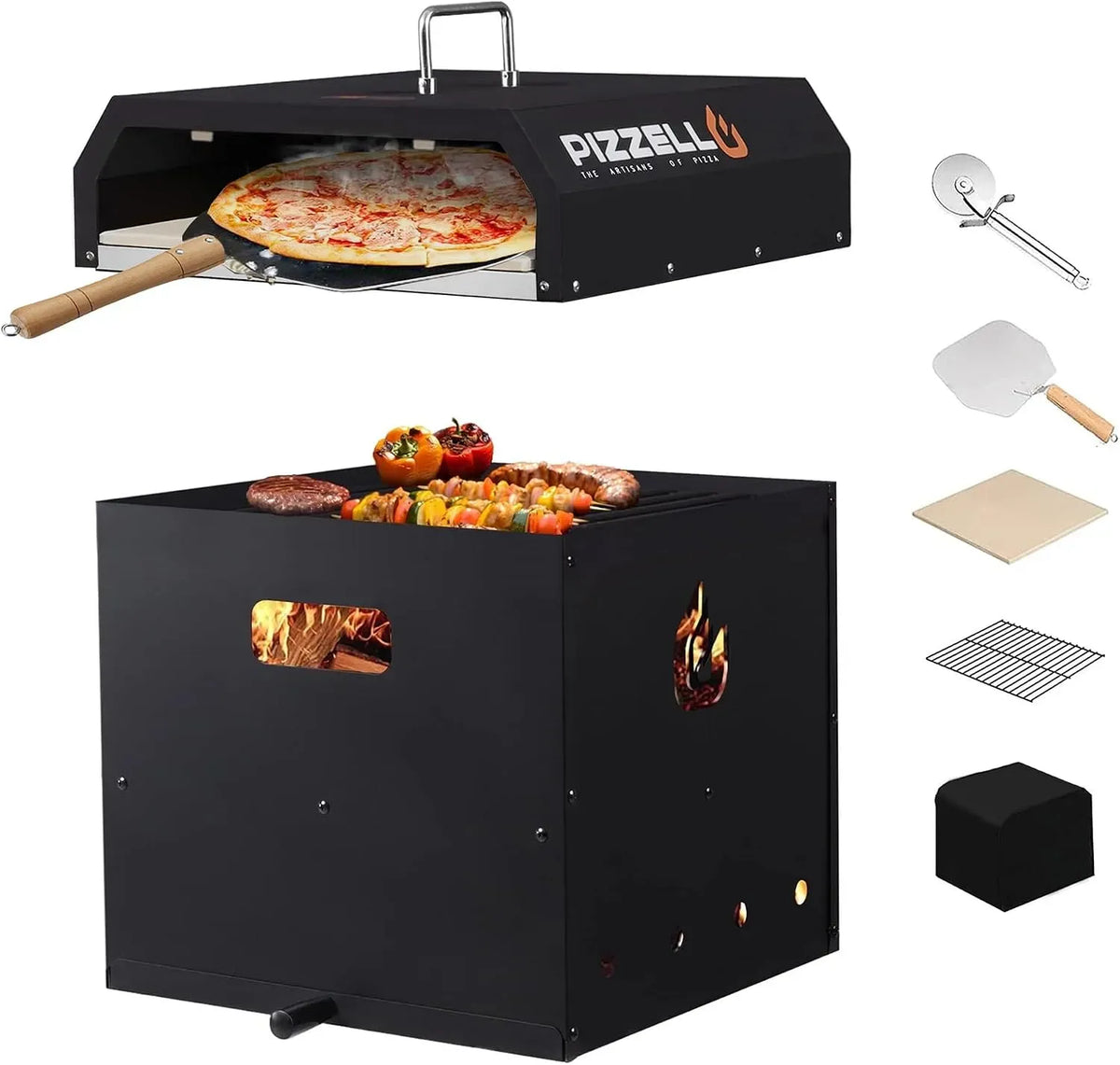 Elektrischer Pizzaofen 2-lagige, 40,6 cm, Outdoor, Grill, abnehmbare Außenöfen mit Pizzastein, BBQ-Grillrost, Pizzaschieber, Pizzaschneider