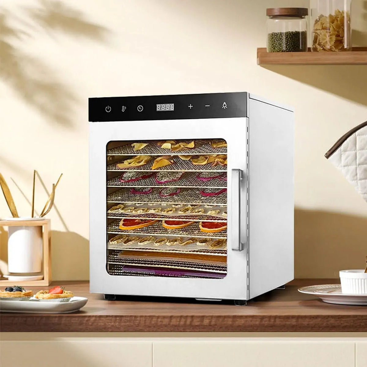 Wäschetrockner 10-lagiger, 800 W, 30 bis 90 °C, 800 W Intelligenter Dörrautomat Mit Digitaler LED-Anzeige, Zeitsteuerung Von 0–24 Stunden