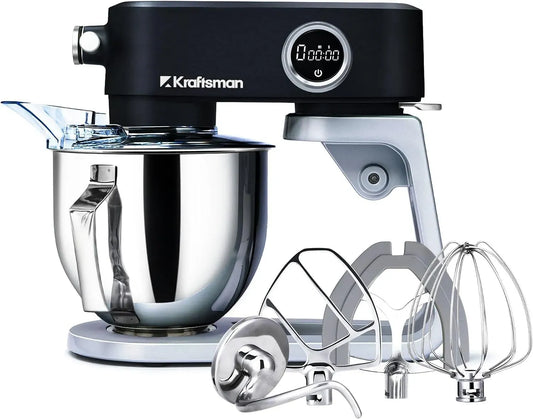 Küchenmaschine, 5 L, Timer, Edelstahl, Schwarz, 8 Stufen mit Timer, 4 Edelstahl-Aufsätze, 5 L Schüssel