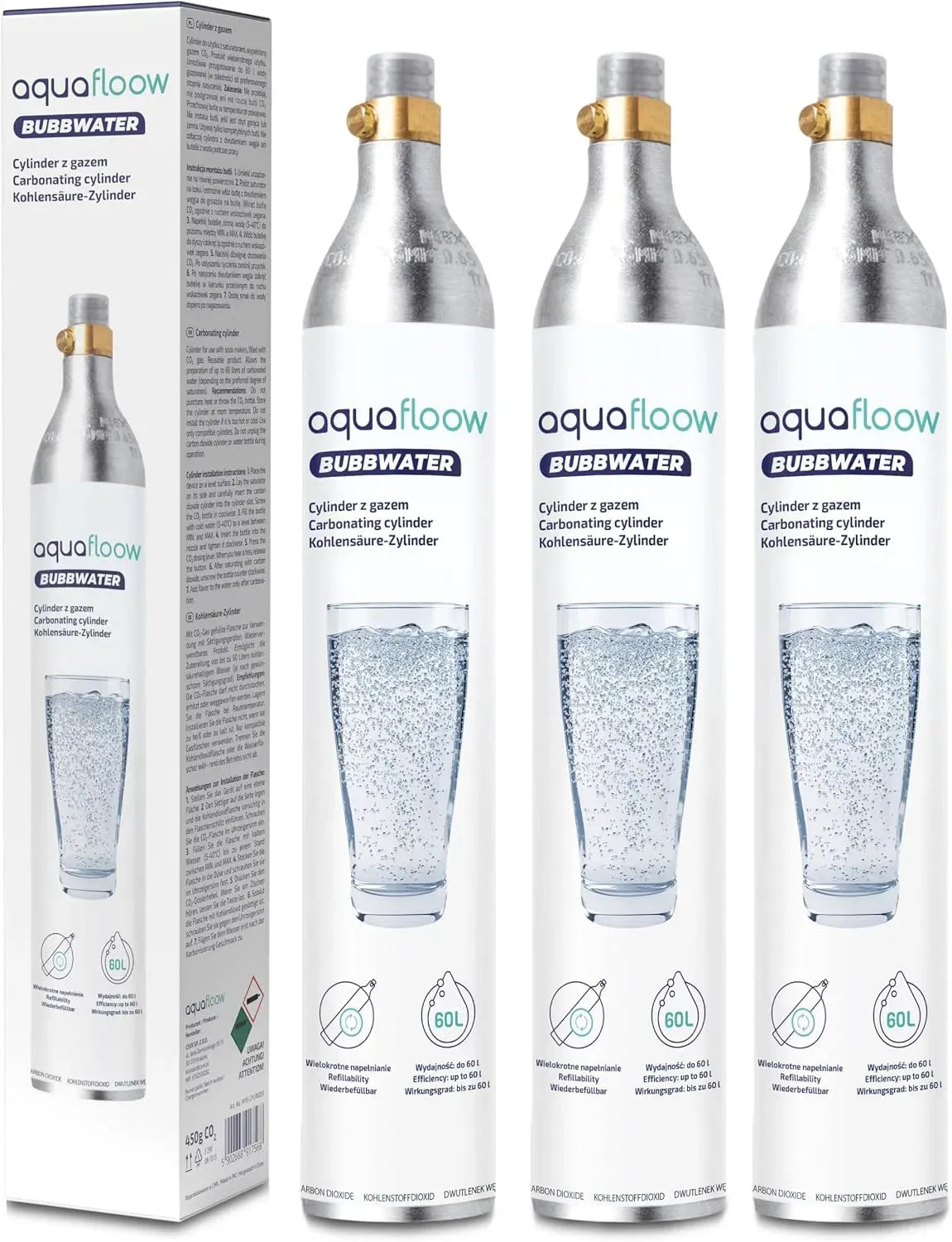 CO2 Kartusche für Sprudelwasser, Ersatz kompatibel mit SodaStream, AquaFloow Zylinder für Wassersprudler Premium 600 ml, Kohlensäure Cylinder bis zu