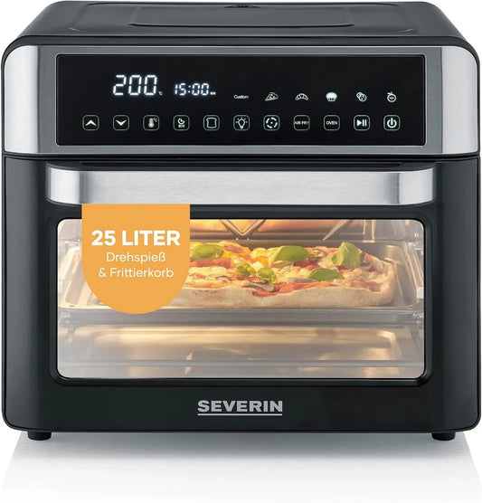Severin TO 9579 2-in-1 Heißluftfritteuse, 25 L, 2200 W, 40 bis 220 °C, Timer, Grill, Schwarz, LED-Display, 12 Au -Programme, Grillrost