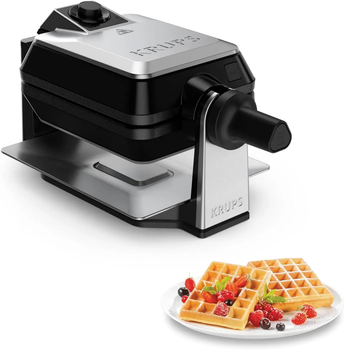 Krups Geschirrspüler, Spülmaschine, leise, Antihaftbeschichtung, Edelstahl, Schwarz, drehbares Waffeleisen für 2 belgische Waffeln