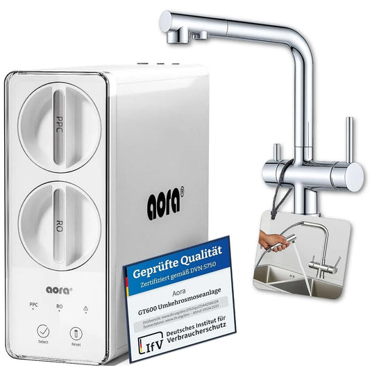 Küchenarmatur, AORA GT600 3-Wege-Armatur, 8 Stufen Filtration RO System, 3 Sekunden Filterwechsel, LUNA Chrom