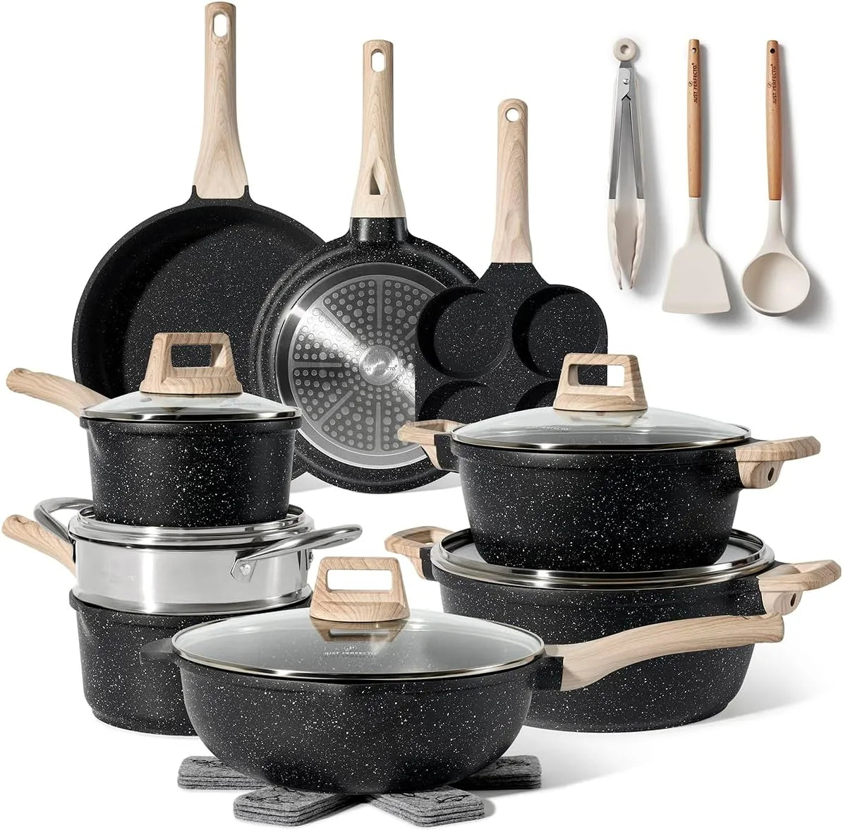 Induktions Töpfe Set, Pfannenset mit deckel, 21 pcs Black, töpfe & pfannen set ohne PTFE und PFOA, Kochgeschirr Topfset induktion