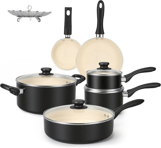 11-teiliges Basics Kochgeschirr-Set inklusive Töpfen und Pfannen aus Keramik, antihaftbeschichtet, Schwarz/Creme
