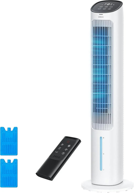 Luftkühler, 102 cm, DREO, leise, Weiß, Turmventilator mit Kühlung leise, Verdunstungskühler mit 80° Schwenkfunktion, 3 Modi, 4 Geschwindigkeiten