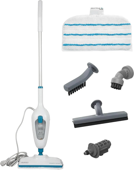 Black+Decker 5-in-1 5-teiliges Dampfreiniger, 1300 W, Hygiene, herausnehmbar, Schwarz, 1300W Dampfbesen Steam Mop, FSMH13E5-QS
