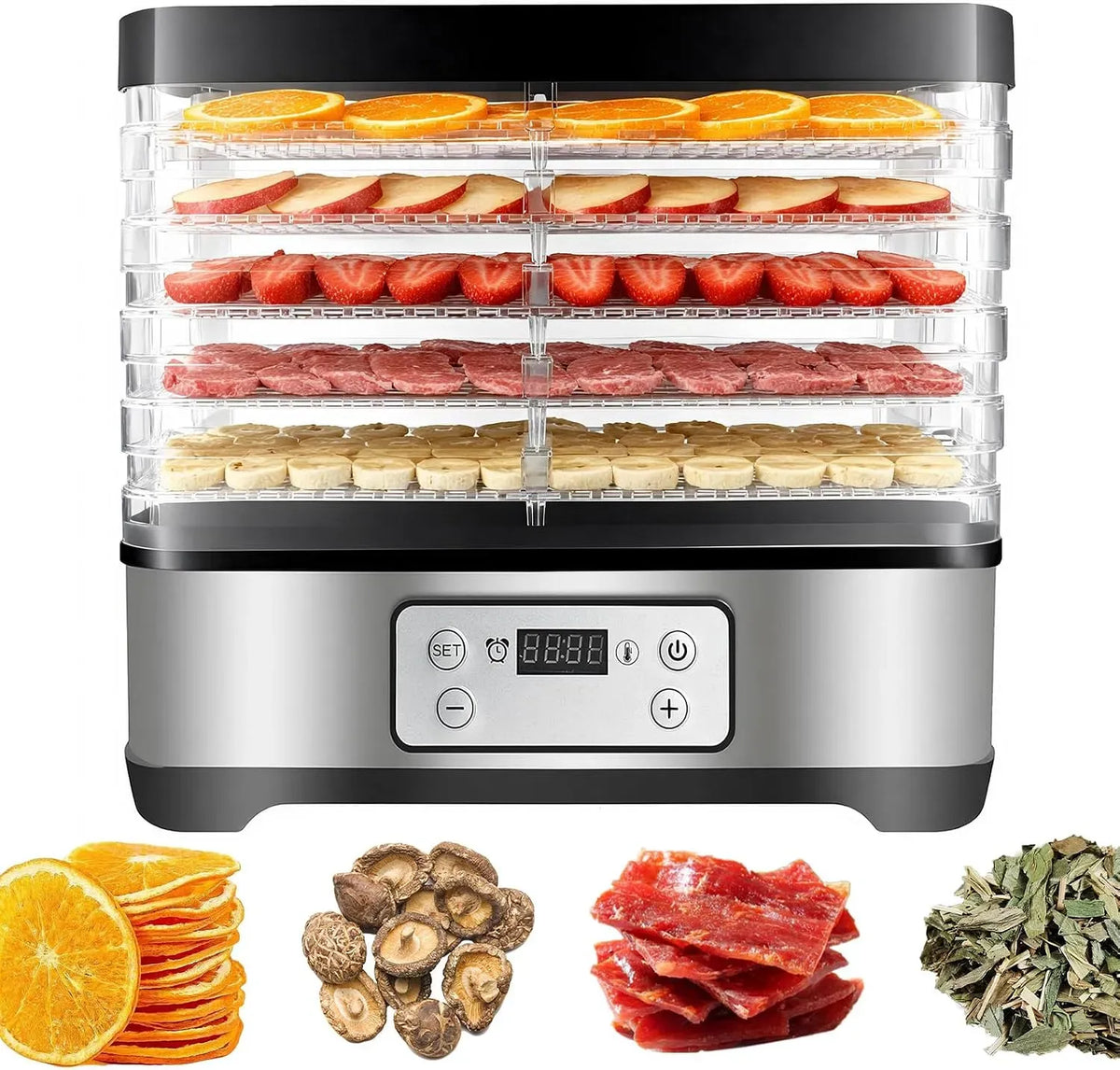 24h-Timer Dörrautomat, Dörrgerät, Lebensmitteltrockner, 300 W, 35 bis 70 °C, Edelstahl, für Lebensmittel